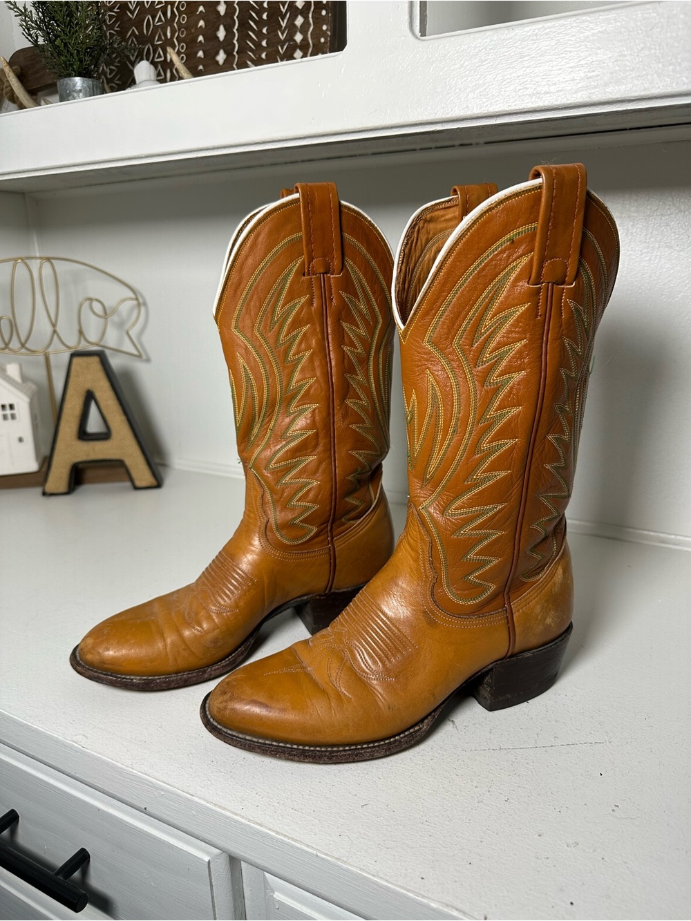Vintage Nocona Cowboy Boots Womens 6.5B Tan Brown Leather Western Cowgirl USA